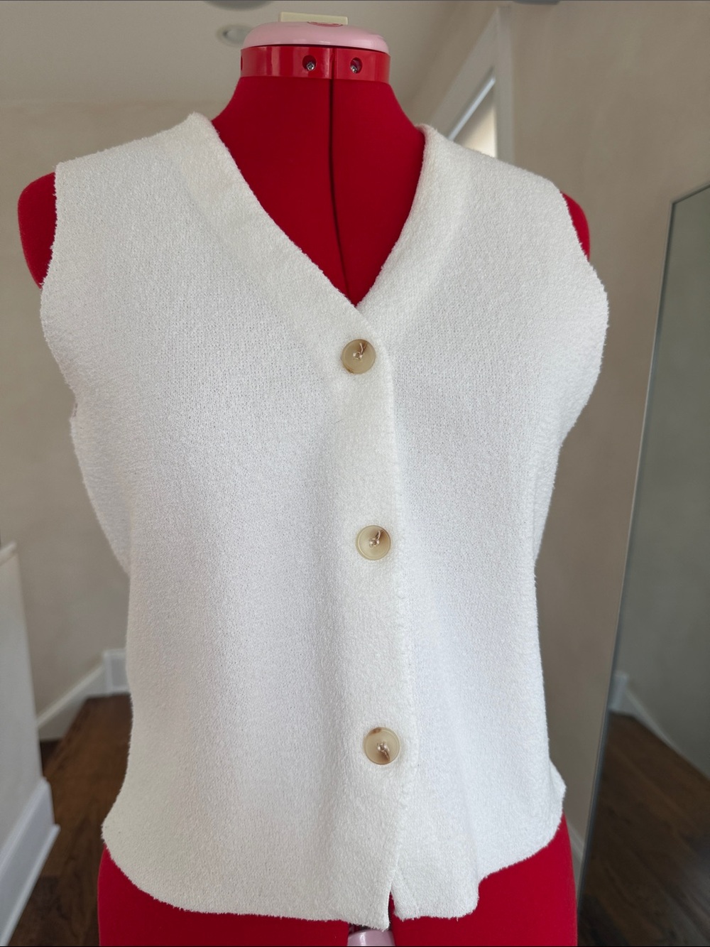 Cream Textured V-Neck Button Front Vest